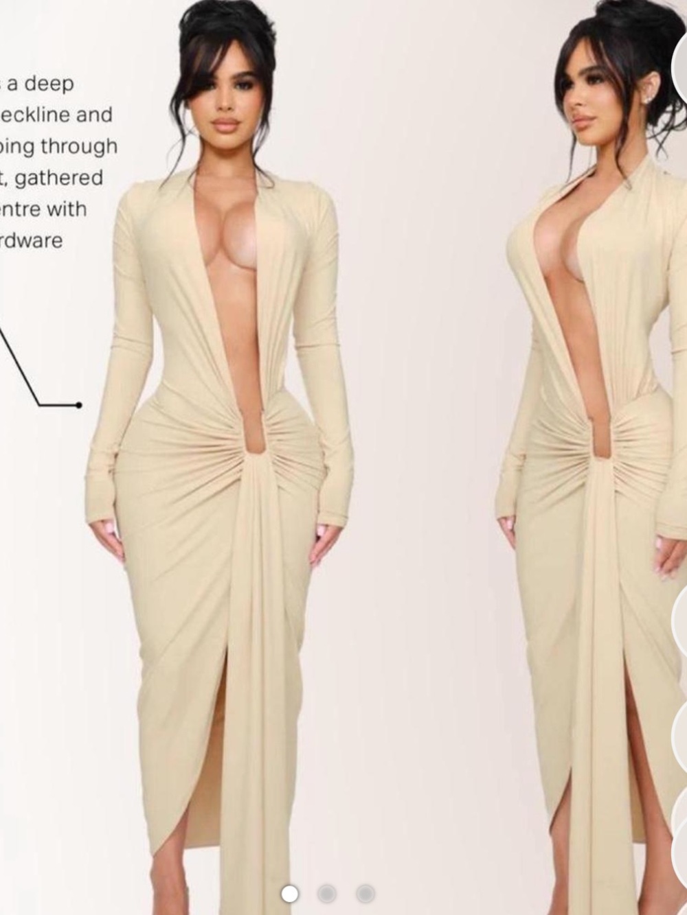 Deep-Plunge Long Sleeve Midi Dress in Cream